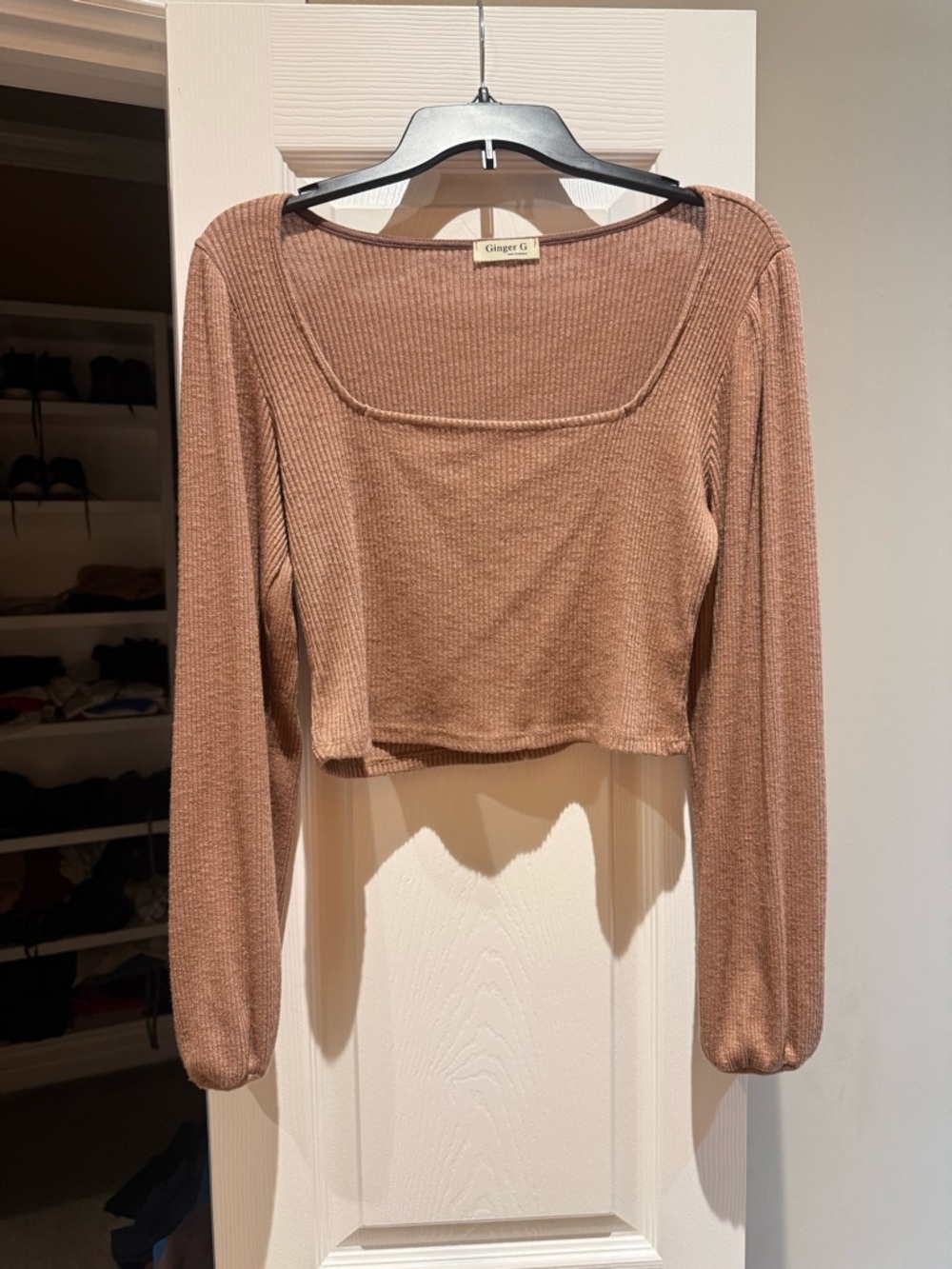 Ginger G Ribbed Long-Sleeve Square Neck Crop Top